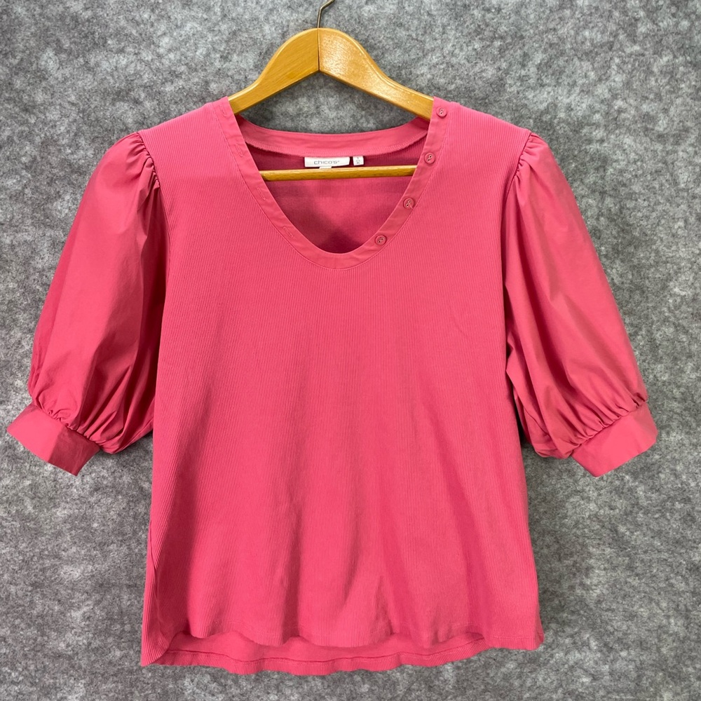 Chico's Pink Puff Sleeve V-Neck Blouse